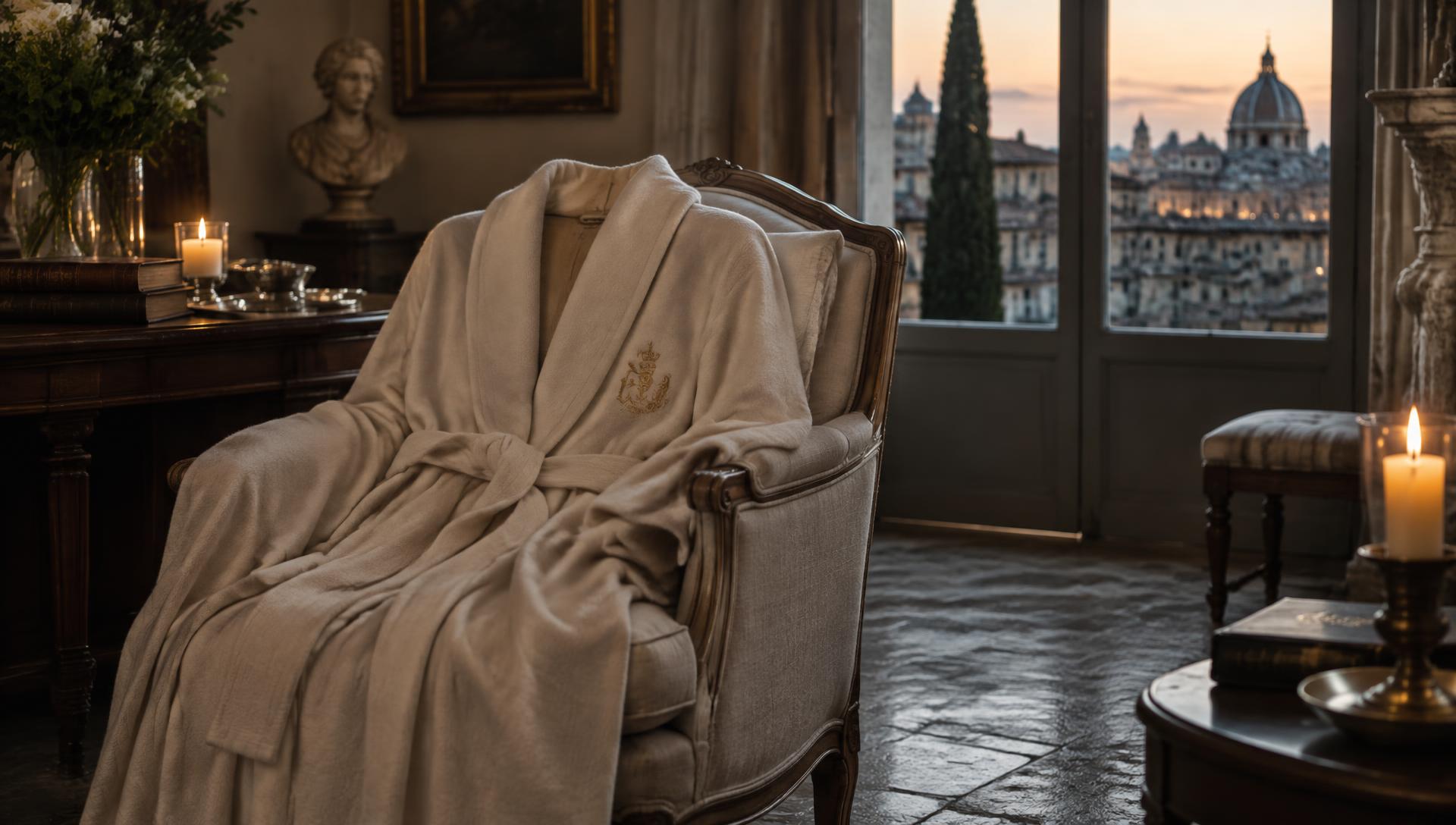 Cashmere robe with a gold embroidered crest draped over an armchair at dusk