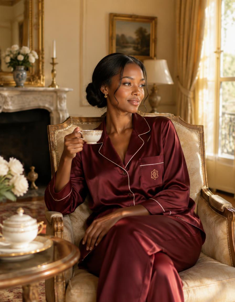 Woman in a burgundy silk pajama set with a gold monogram, taking tea